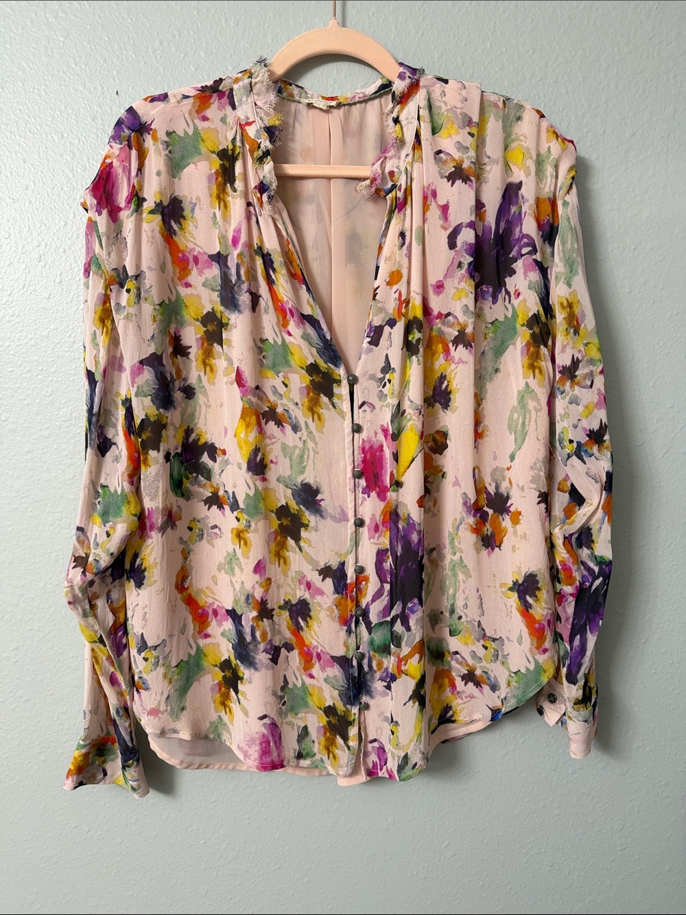 Pilcro Painterly Floral Button-Front Blouse in Pink and Purple